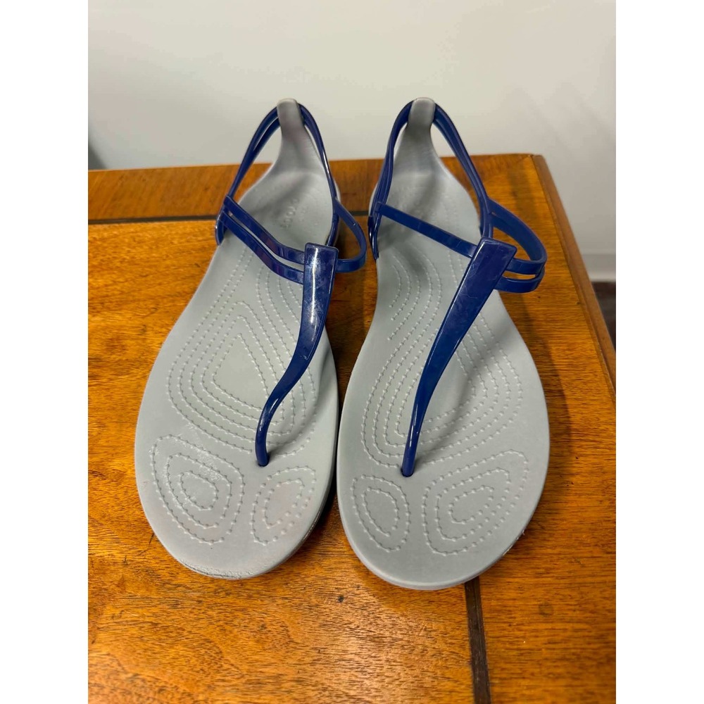 Crocs Isabella T-Strap Sandals Navy Blue Grey Womens 10 Flat Jelly Shoes